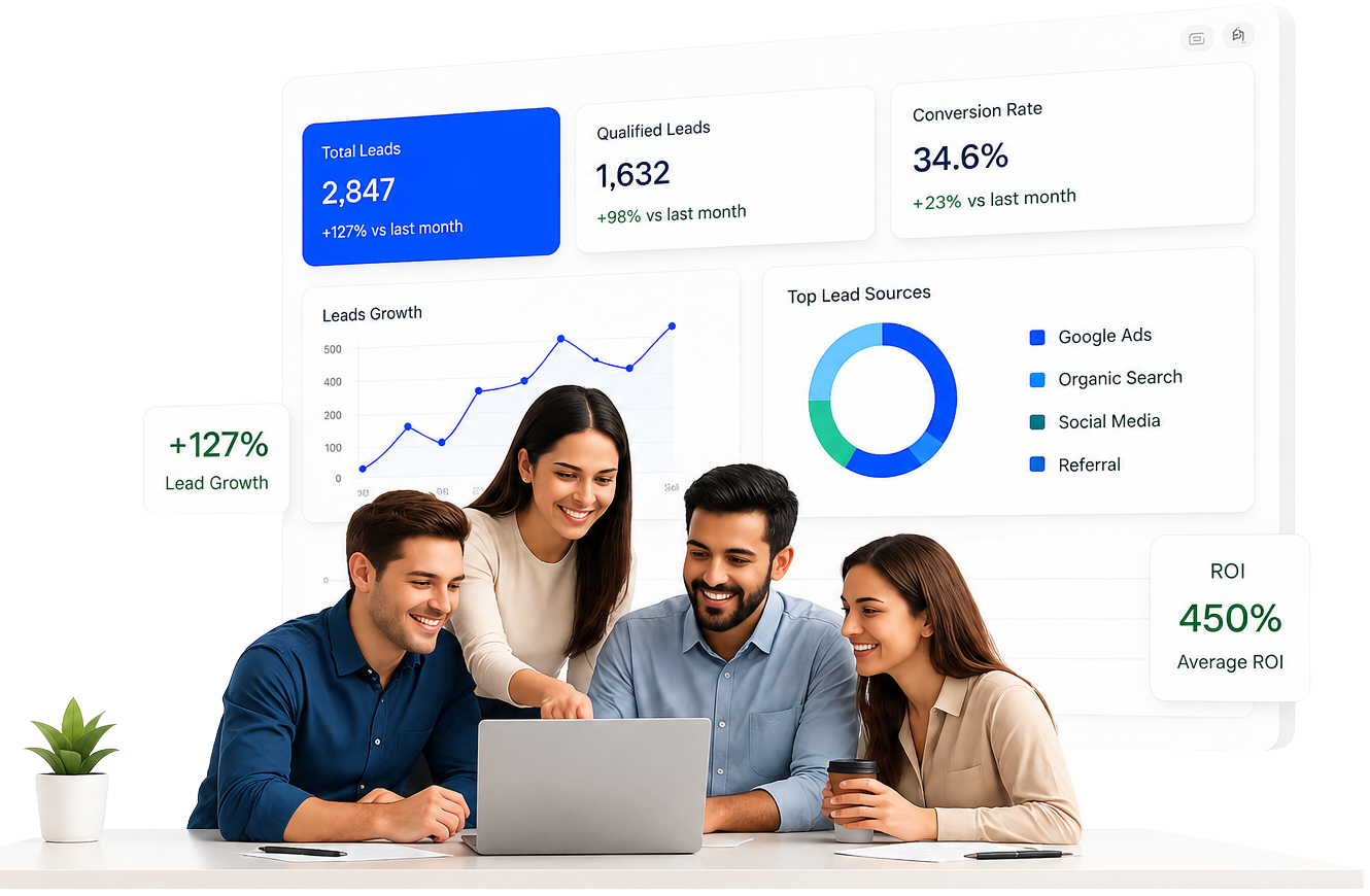 Digital marketing team analyzing customer acquisition dashboard