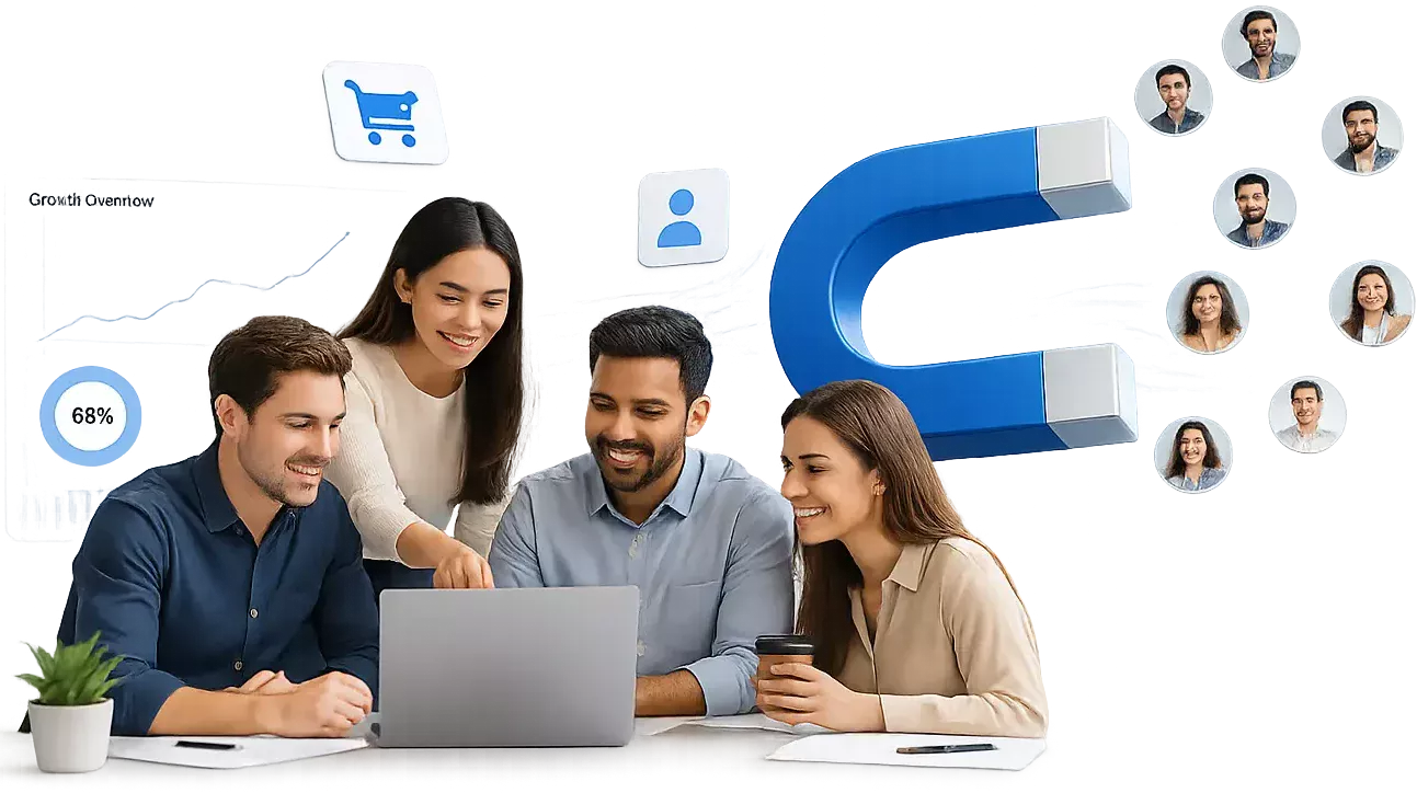 Digital marketing team analyzing lead generation dashboard